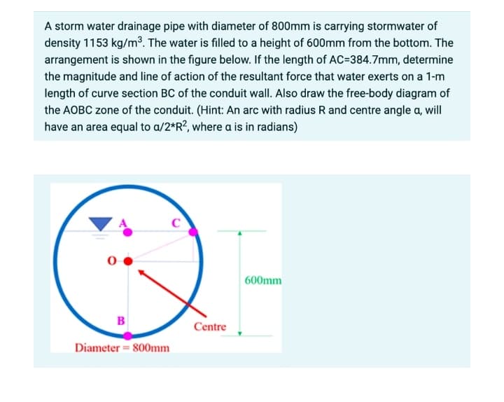 A storm water drainage pipe with diameter of 800mm is carrying stormwater of
density 1153 kg/m³. The water is filled to a height of 600mm from the bottom. The
arrangement is shown in the figure below. If the length of AC=384.7mm, determine
the magnitude and line of action of the resultant force that water exerts on a 1-m
length of curve section BC of the conduit wall. Also draw the free-body diagram of
the AOBC zone of the conduit. (Hint: An arc with radius R and centre angle a, will
have an area equal to a/2*R?, where a is in radians)
600mm
B
Centre
Diameter = 800mm
