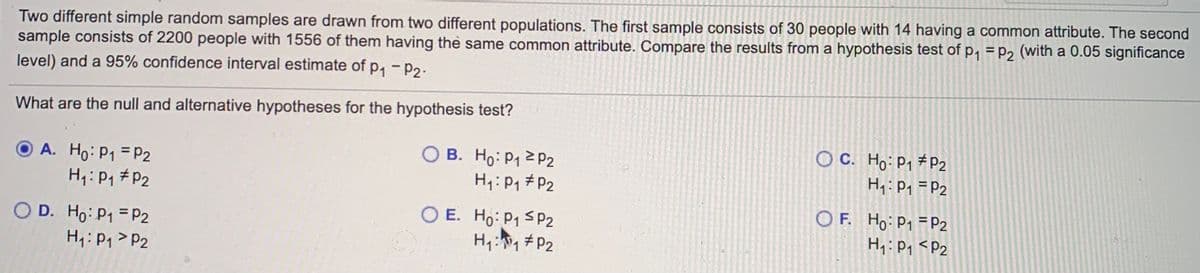 Two different simple random samples are drawn from two different populations. The first sample consists of 30 people with 14 having a common attribute. The second
sample consists of 2200 people with 1556 of them having the same common attribute. Compare the results from a hypothesis test of p, = p, (with a 0.05 significance
level) and a 95% confidence interval estimate of p, - p2.
What are the null and alternative hypotheses for the hypothesis test?
O B. Ho: P1 2 P2
H1:P1 # P2
OC. Ho: P1 #P2
H:P1 =P2
O A. Ho: P1 = P2
Td# d :H
. Ho: P1 =P2
OF.
O D. Ho: P1 = P2
H1:P1> P2
O E. Ho: P1 s P2
H1:1# P2
H1: P1 <P2
