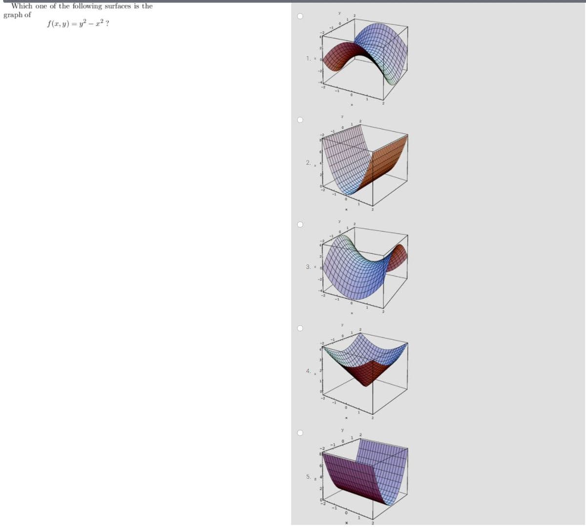 Which one of the following surfaces is the
graph of
f(r, y) = y? – 2² ?
1. .
2.
3. .
5.
