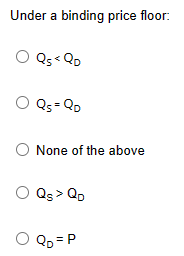 Under a binding price floor:
○ Qs<QD
○ Q5=QD
None of the above
○ Qs> Qp
○ Q₁ = P