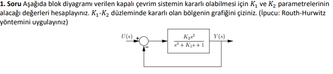 1. Soru Aşağıda blok diyagramı verilen kapalı çevrim sistemin kararlı olabilmesi için K1 ve K2 parametrelerinin
alacağı değerleri hesaplayınız. K1-K2 düzleminde kararlı olan bölgenin grafiğini çiziniz. (İpucu: Routh-Hurwitz
yöntemini uygulayınız)
U(s)
Kąs²
Y(s)
t + Kjs +1
