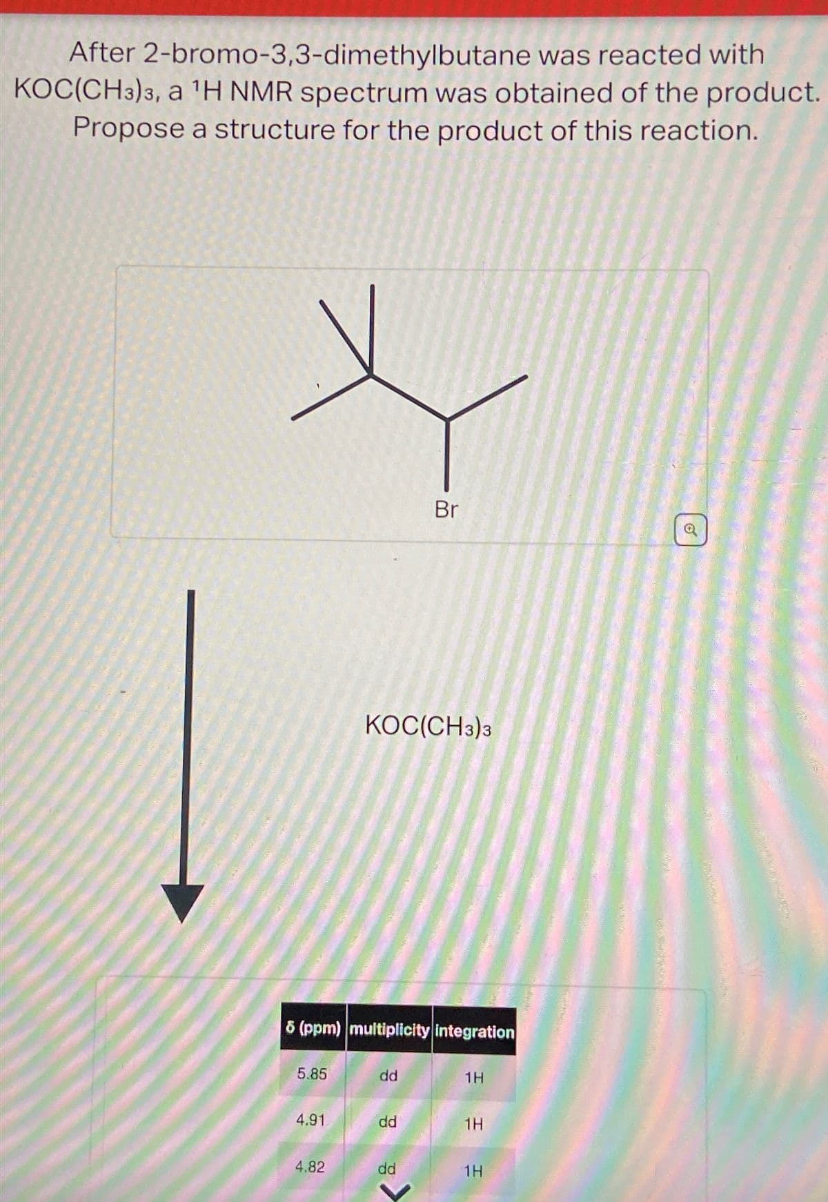 After 2-bromo-3,3-dimethylbutane was reacted with
KOC(CH3)3, a ¹H NMR spectrum was obtained of the product.
Propose a structure for the product of this reaction.
5.85
8 (ppm) multiplicity integration
4.91
4.82
KOC(CH3)3
dd
Br
dd
dd
1H
1H
1H