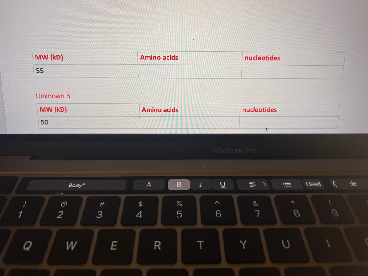 1
MW (KD)
55
Unknown B
MW (KD)
50
2
Body*
W
#3
E
Amino acids
Amino acids
$
4
A
R
B
%
5
I
T
U
nucleotides
MacBook Pro
6
nucleotides
Y
&
7
* 00
U