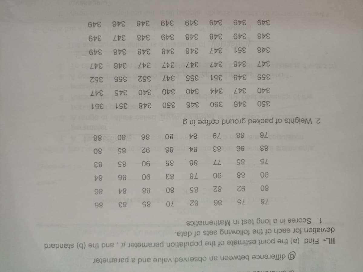 @ difference between an observed value and a parameter
IIL- Find (a) the point estimate of the population parameter , and the (b) standard
deviation for each of the following sets of data.
Scores in a long test in Mathematics
1.
78
75
82
85
83
92
82
85
88
84
78
06
88
06
88
83
84
06
06
85
85
75
85
77
85
83
83 86 83
84
76 88 79
84
88
88
2. Weights of packed ground coffee in g
348
351
350
346
350
346
350
351
340
340
347
344
345
347
351
355
355
352
348
347
352
356
347
347
348
347
347
347
347
348
348
348
351
347
348
348
349
348
348
348
348
347
349
349 348
346
