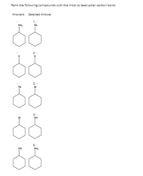 Rank the following compounds with the most to least polar carbon bond.
Answers Selected Answer
1.-
NH₂
Na
88
Na
OH
N
3.-
Br
OH
5.-
NH₂