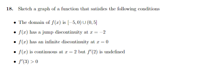 18. Sketch a graph of a function that satisfics the following conditions
• The domain of f(x) is [-5,0) U (0, 5]
• f(x) has a jump discontinuity at r = -2
• f(x) has an infinite discontinuity at r = 0
f(x) is continuous at r = 2 but f'(2) is undefined
f'(3) > 0
