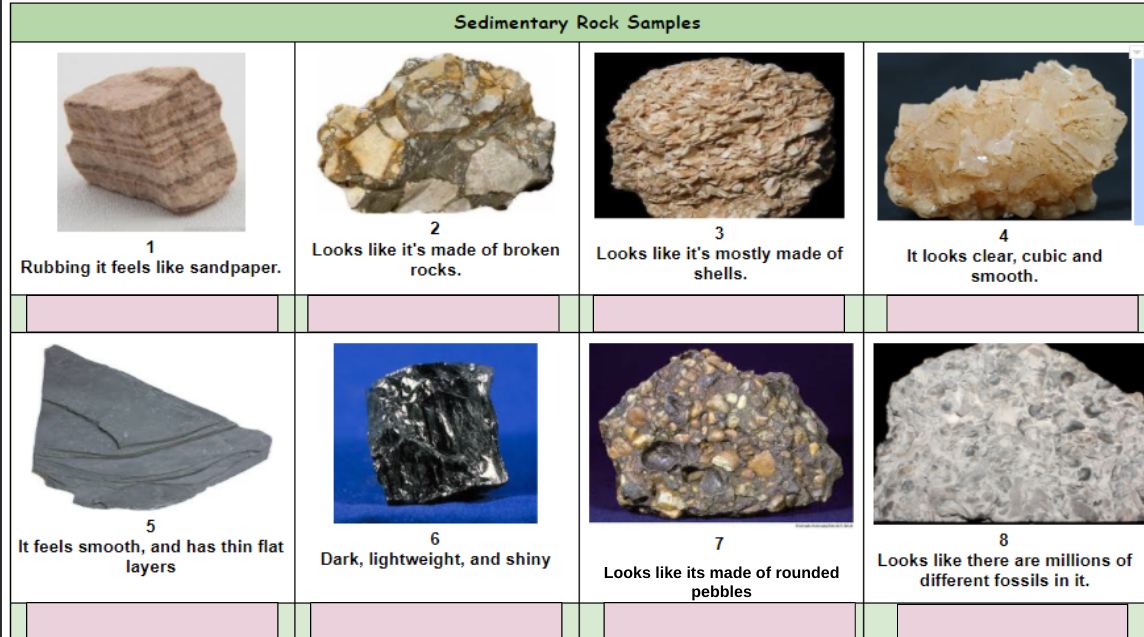 1
Rubbing it feels like sandpaper.
5
It feels smooth, and has thin flat
layers
Sedimentary Rock Samples
2
Looks like it's made of broken
rocks.
6
Dark, lightweight, and shiny
3
Looks like it's mostly made of
shells.
7
Looks like its made of rounded
pebbles
4
It looks clear, cubic and
smooth.
8
Looks like there are millions of
different fossils in it.