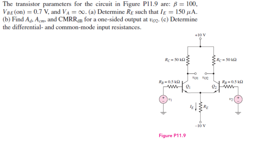 The transistor parameters for the circuit in Figure P11.9 are: B = 100,
VBE (On) = 0.7 V, and VA = ∞o. (a) Determine RE such that IE = 150 μΑ.
(b) Find Ad, Acm, and CMRRB for a one-sided output at vo2. (c) Determine
the differential- and common-mode input resistances.
Rc-50 k
Rg = 0.5 kΩ
www
VI
www
21
Figure P11.9
+10 V
VOLVO2
IE
RE
-10 V
? Rc = 50 kΩ
22
Rg = 0.5 kΩ
ww
S'