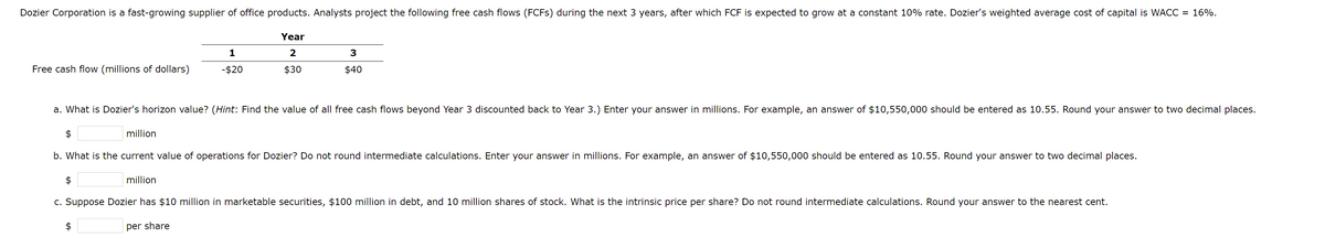 Dozier Corporation is a fast-growing supplier of office products. Analysts project the following free cash flows (FCFS) during the next 3 years, after which FCF is expected to grow at a constant 10% rate. Dozier's weighted average cost of capital is WACC = 16%.
Year
2
$30
Free cash flow (millions of dollars)
a. What is Dozier's horizon value? (Hint: Find the value of all free cash flows beyond Year 3 discounted back to Year 3.) Enter your answer in millions. For example, an answer of $10,550,000 should be entered as 10.55. Round your answer to two decimal places.
million
$
1
-$20
$40
$
b. What is the current value of operations for Dozier? Do not round intermediate calculations. Enter your answer in millions. For example, an answer of $10,550,000 should be entered as 10.55. Round your answer to two decimal places.
million
$
c. Suppose Dozier has $10 million in marketable securities, $100 million in debt, and 10 million shares of stock. What is the intrinsic price per share? Do not round intermediate calculations. Round your answer to the nearest cent.
per share