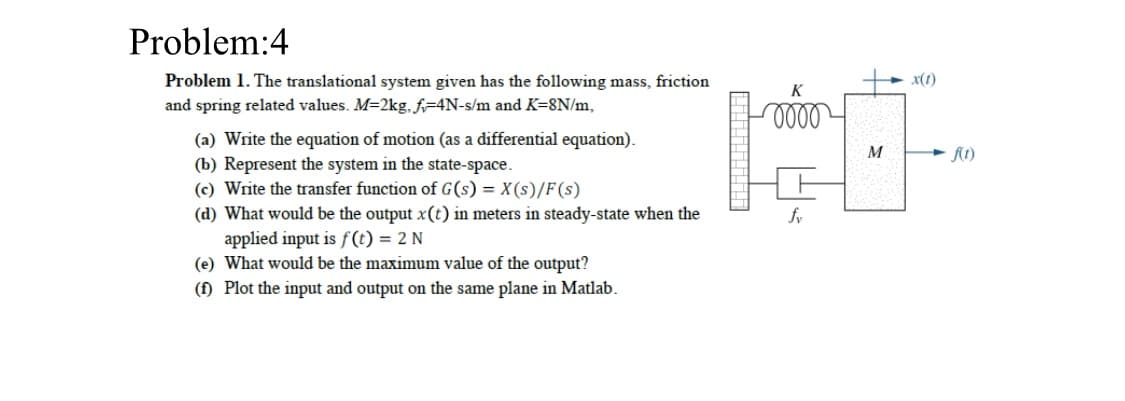 Problem:4
Problem 1. The translational system given has the following mass, friction
x(1)
K
and spring related values. M=2kg, f=4N-s/m and K=8N/m,
(a) Write the equation of motion (as a differential equation).
(b) Represent the system in the state-space.
(c) Write the transfer function of G(s) = X(s)/F(s)
(d) What would be the output x(t) in meters in steady-state when the
applied input is f(t) = 2 N
(e) What would be the maximum value of the output?
M
fy
(f) Plot the input and output on the same plane in Matlab.
