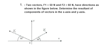 1. : Two vectors, F1 = 50 N and F2 = 60 N, have directions as
shown in the figure below. Determine the resultant of
components of vectors in the x-axis and y-axis.
30°
30