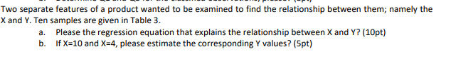 Two separate features of a product wanted to be examined to find the relationship between them; namely the
X and Y. Ten samples are given in Table 3.
a. Please the regression equation that explains the relationship between X and Y? (10pt)
b. If X=10 and X=4, please estimate the corresponding Y values? (5pt)
