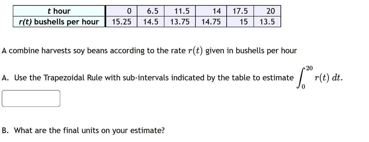 t hour
r(t) bushells per hour
0 6.5 11.5
14 17.5
15.25 14.5 13.75 14.75
20
15 13.5
A combine harvests soy beans according to the rate r(t) given in bushells per hour
A. Use the Trapezoidal Rule with sub-intervals indicated by the table to estimate
20
√2º r(t) dt.
B. What are the final units on your estimate?