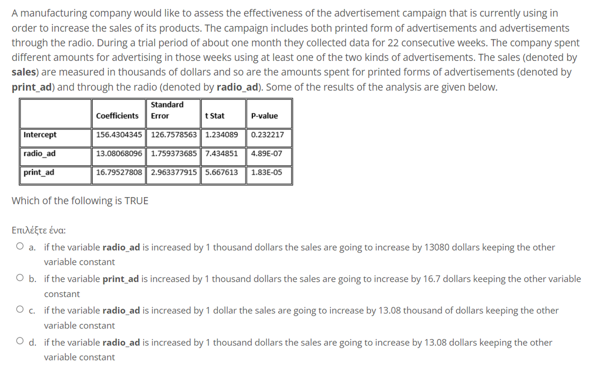 A manufacturing company would like to assess the effectiveness of the advertisement campaign that is currently using in
order to increase the sales of its products. The campaign includes both printed form of advertisements and advertisements
through the radio. During a trial period of about one month they collected data for 22 consecutive weeks. The company spent
different amounts for advertising in those weeks using at least one of the two kinds of advertisements. The sales (denoted by
sales) are measured in thousands of dollars and so are the amounts spent for printed forms of advertisements (denoted by
print_ad) and through the radio (denoted by radio_ad). Some of the results of the analysis are given below.
Intercept
radio_ad
print_ad
Standard
Coefficients Error
t Stat
156.4304345 126.7578563 1.234089
P-value
0.232217
13.08068096 1.759373685 7.434851 4.89E-07
16.79527808 2.963377915 5.667613 1.83E-05
Which of the following is TRUE
Επιλέξτε ένα:
O a. if the variable radio_ad is increased by 1 thousand dollars the sales are going to increase by 13080 dollars keeping the other
variable constant
O b. if the variable print_ad is increased by 1 thousand dollars the sales are going to increase by 16.7 dollars keeping the other variable
constant
O c. if the variable radio_ad is increased by 1 dollar the sales are going to increase by 13.08 thousand of dollars keeping the other
variable constant
O d. if the variable radio_ad is increased by 1 thousand dollars the sales are going to increase by 13.08 dollars keeping the other
variable constant