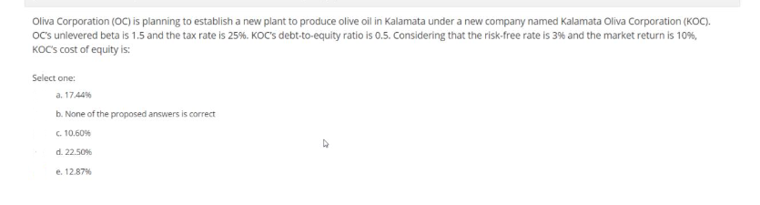 Oliva Corporation (OC) is planning to establish a new plant to produce olive oil in Kalamata under a new company named Kalamata Oliva Corporation (KOC).
OC's unlevered beta is 1.5 and the tax rate is 25%. KOC's debt-to-equity ratio is 0.5. Considering that the risk-free rate is 3% and the market return is 10%,
KOC's cost of equity is:
Select one:
a. 17.44%
b. None of the proposed answers is correct
c. 10.60%
d. 22.50%
e. 12.87%