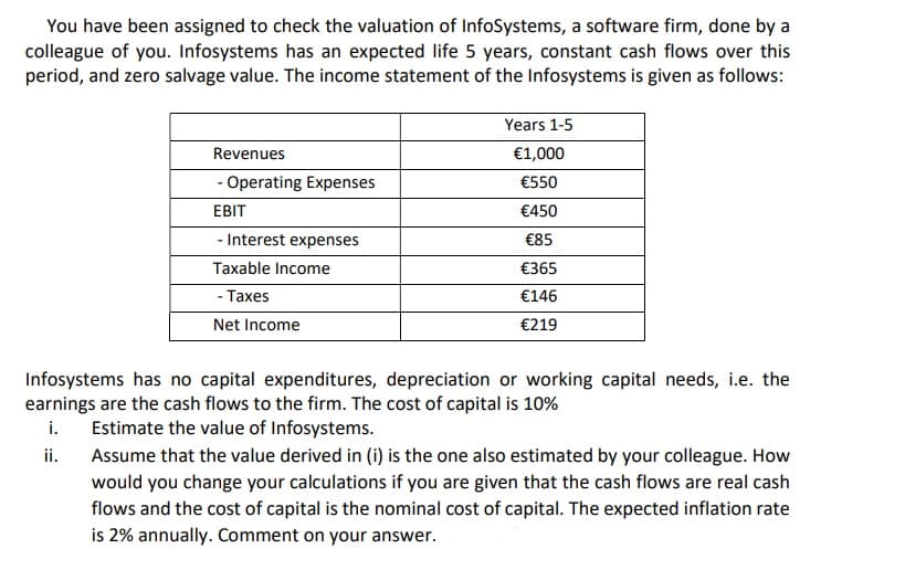 You have been assigned to check the valuation of InfoSystems, a software firm, done by a
colleague of you. Infosystems has an expected life 5 years, constant cash flows over this
period, and zero salvage value. The income statement of the Infosystems is given as follows:
Revenues
- Operating Expenses
EBIT
- Interest expenses
Taxable Income
- Taxes
Net Income
Years 1-5
€1,000
€550
€450
€85
€365
€146
€219
Infosystems has no capital expenditures, depreciation or working capital needs, i.e. the
earnings are the cash flows to the firm. The cost of capital is 10%
i.
Estimate the value of Infosystems.
ii.
Assume that the value derived in (i) is the one also estimated by your colleague. How
would you change your calculations if you are given that the cash flows are real cash
flows and the cost of capital is the nominal cost of capital. The expected inflation rate
is 2% annually. Comment on your answer.