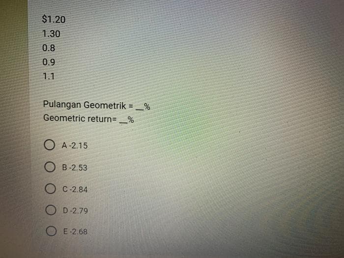 $1.20
1.30
0.8
0.9
1.1
Pulangan Geometrik = _%
Geometric return= _%
OA-2.15
OB-2.53
OC -2.84
OD-2.79
OE-2.68