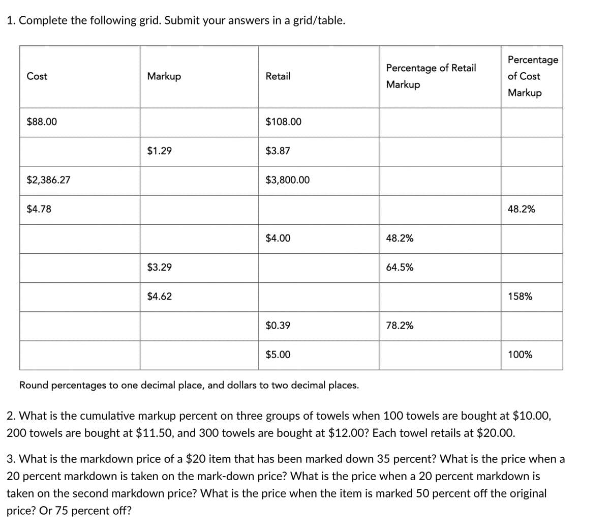 1. Complete the following grid. Submit your answers in a grid/table.
Cost
$88.00
$2,386.27
$4.78
Markup
$1.29
$3.29
$4.62
Retail
$108.00
$3.87
$3,800.00
$4.00
$0.39
$5.00
Percentage of Retail
Markup
48.2%
64.5%
78.2%
Percentage
of Cost
Markup
48.2%
158%
100%
Round percentages to one decimal place, and dollars to two decimal places.
2. What is the cumulative markup percent on three groups of towels when 100 towels are bought at $10.00,
200 towels are bought at $11.50, and 300 towels are bought at $12.00? Each towel retails at $20.00.
3. What is the markdown price of a $20 item that has been marked down 35 percent? What is the price when a
20 percent markdown is taken on the mark-down price? What is the price when a 20 percent markdown is
taken on the second markdown price? What is the price when the item is marked 50 percent off the original
price? Or 75 percent off?