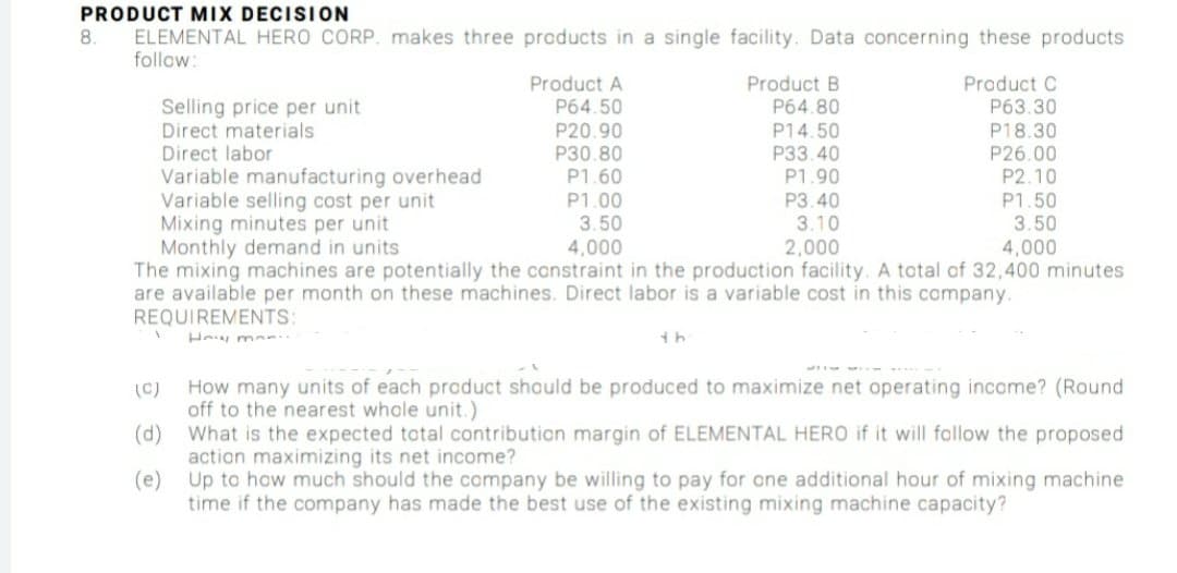 PRODUCT MIX DECISION
ELEMENTAL HERO CORP. makes three products in a single facility. Data concerning these products
follow:
Product A
P64.50
P20.90
P30.80
P1.60
Product B
P64.80
P14.50
P33.40
P1.90
Product C
Selling price per unit
Direct materials
Direct labor
Variable manufacturing overhead
Variable selling cost per unit
Mixing minutes per unit
Monthly demand in units
The mixing machines are potentially the constraint in the production facility. A total of 32,400 minutes
are available per month on these machines. Direct labor is a variable cost in this company.
REQUIREMENTS:
Hnw ma
P63.30
P18.30
P26.00
P2.10
P1.50
P1.00
3.50
4,000
P3.40
3.10
2,000
3.50
4,000
How many units of each product should be produced to maximize net operating income? (Round
(C)
off to the nearest whole unit.)
(d)
What is the expected total contribution margin of ELEMENTAL HERO if it will follow the proposed
action maximizing its net income?
(e) Up to how much should the company be willing to pay for one additional hour of mixing machine
time if the company has made the best use of the existing mixing machine capacity?
