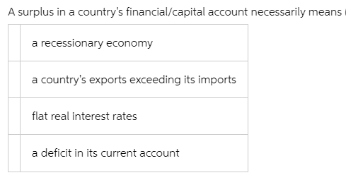 A surplus in a country's financial/capital account necessarily means
a recessionary economy
a country's exports exceeding its imports
flat real interest rates
a deficit in its current account
