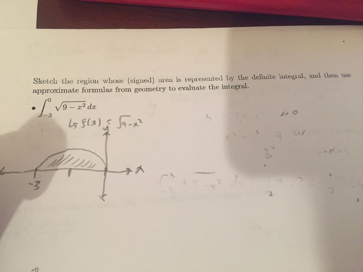 Sketch the region whose (signed) area is represented by the definite integral, and then use
approximate formulas from geometry to evaluate the integral.
• / V9- a² da
-3
こo
2.
3.
