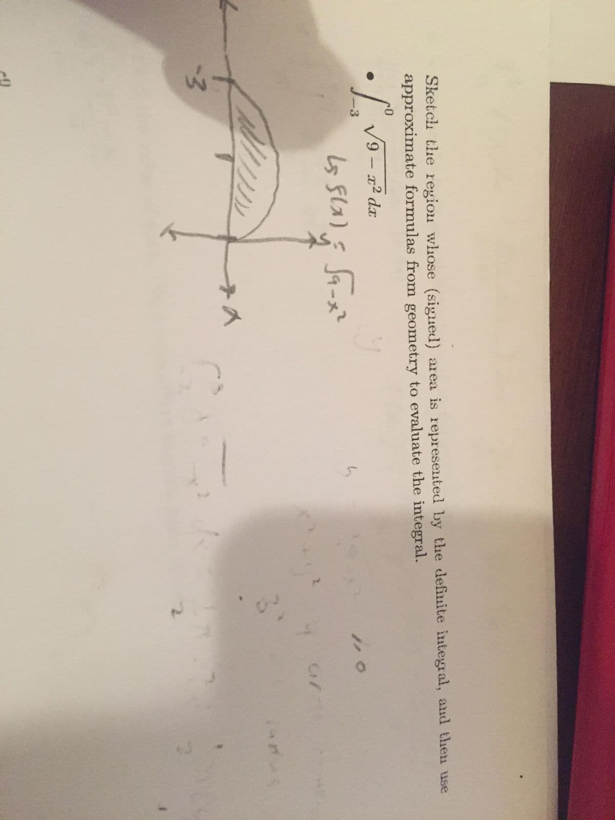 3.
Sketch the region whose (signed) area is represented by the definite integral, and then use
approximate formulas from geometry to evaluate the integral.
V9 - x² dx
