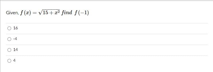 Given, f (x) = v15+ x2 find f(-1)
16
O -4
14
