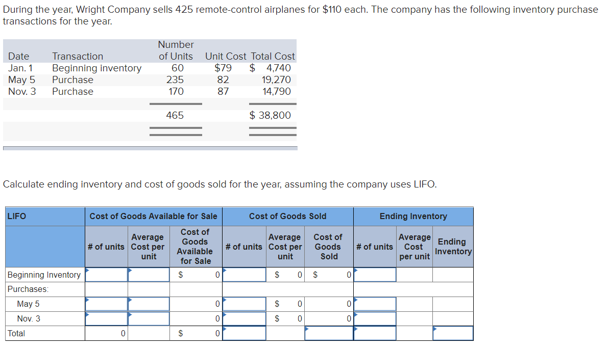 During the year, Wright Company sells 425 remote-control airplanes for $110 each. The company has the following inventory purchase
transactions for the year.
Number
Date
Transaction
of Units
Unit Cost Total Cost
$ 4,740
19,270
14,790
Jan. 1
$79
Beginning inventory
Purchase
60
Мay 5
Nov. 3
235
82
Purchase
170
87
465
$ 38,800
Calculate ending inventory and cost of goods sold for the year, assuming the company uses LIFO.
LIFO
Cost of Goods Available for Sale
Cost of Goods Sold
Ending Inventory
Cost of
Average
# of units Cost per
Average
# of units Cost per
unit
Cost of
Goods
Average
Cost
Goods
Ending
Inventory
# of units
Available
unit
for Sale
Sold
per unit
Beginning Inventory
$
$
$
Purchases:
May 5
$
Nov. 3
$
Total
