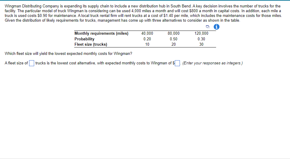 Wingman Distributing Company is expanding its supply chain to include a new distribution hub in South Bend. A key decision involves the number of trucks for the
facility. The particular model of truck Wingman is considering can be used 4,000 miles a month and will cost $800 a month in capital costs. In addition, each mile a
truck is used costs $0.90 for maintenance. A local truck rental firm will rent trucks at a cost of $1.40 per mile, which includes the maintenance costs for those miles.
Given the distribution of likely requirements for trucks, management has come up with three alternatives to consider as shown in the table.
40,000
80,000
120,000
Monthly requirements (miles)
Probability
Fleet size (trucks)
0.20
0.50
0.30
10
20
30
Which fleet size will yield the lowest expected monthly costs for Wingman?
A fleet size of trucks is the lowest cost alternative, with expected monthly costs to Wingman of S. (Enter your responses as integers.)
