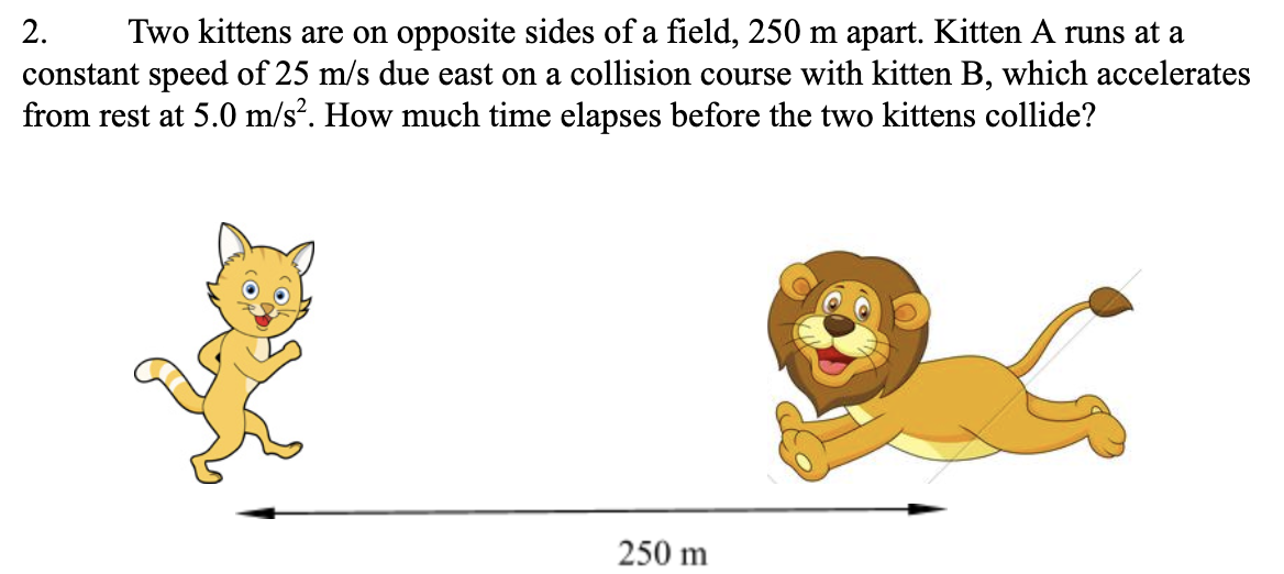 Two kittens are on opposite sides of a field, 250 m apart. Kitten A runs at a
constant speed of 25 m/s due east on a collision course with kitten B, which accelerates
from rest at 5.0 m/s?. How much time elapses before the two kittens collide?
2.
250 m
