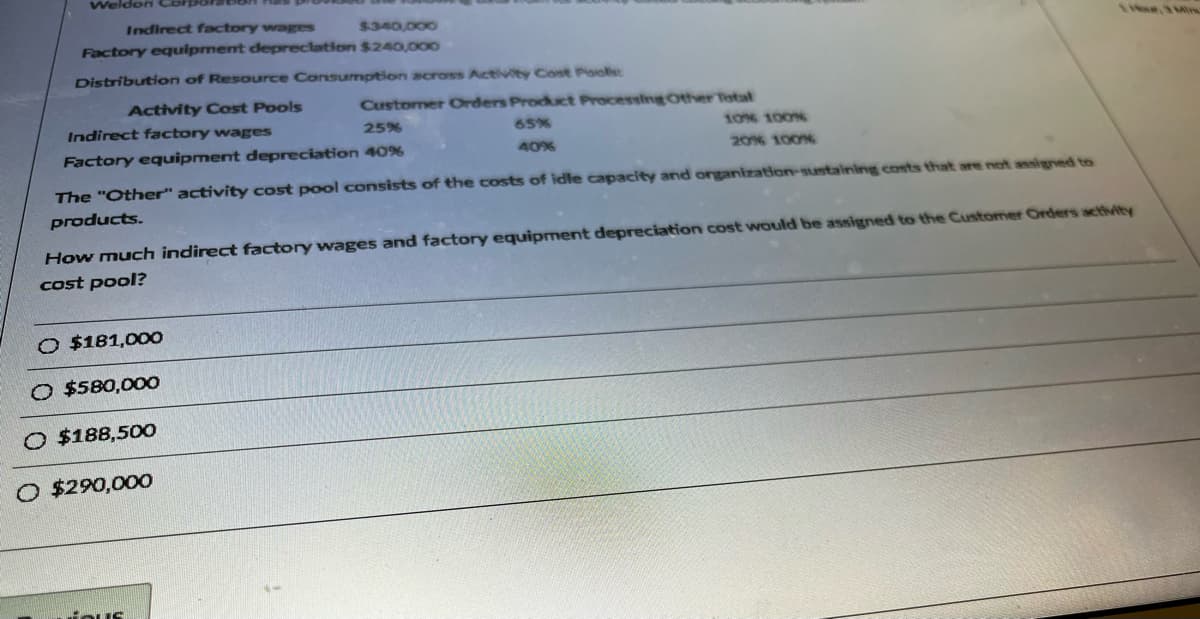 Weldon
Indirect factory wages
$340,000
Factory equipment depreciation $240,000
Distribution of Resource Consumption across Activity Cost Pool
Activity Cost Pools
Indirect factory wages
25%
Factory equipment depreciation 40%
10% 100%
20% 100%
The "Other" activity cost pool consists of the costs of idle capacity and organization-sustaining costs that are not assigned to
products.
How much indirect factory wages and factory equipment depreciation cost would be assigned to the Customer Orders activity
cost pool?
O $181,000
O $580,000
O $188,500
Customer Orders Product Processing Other Total
65%
40%
O $290,000
Hous