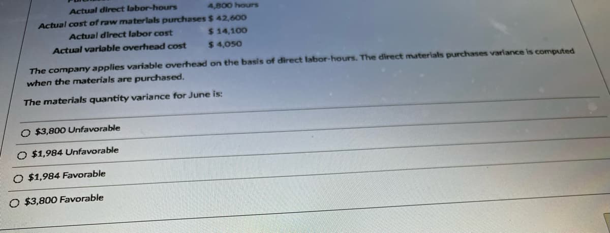 Actual direct labor-hours
Actual cost of raw materials purchases
Actual direct labor cost
Actual variable overhead cost
4,800 hours
$ 42,600
$14,100
$ 4,050
The company applies variable overhead on the basis of direct labor-hours. The direct materials purchases variance is computed
when the materials are purchased.
The materials quantity variance for June is:
O $3,800 Unfavorable
O $1,984 Unfavorable
O $1,984 Favorable
O $3,800 Favorable