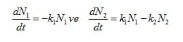 dN,
ーkN, ve
dt
dN2
-= k, N - k, N,
dt
