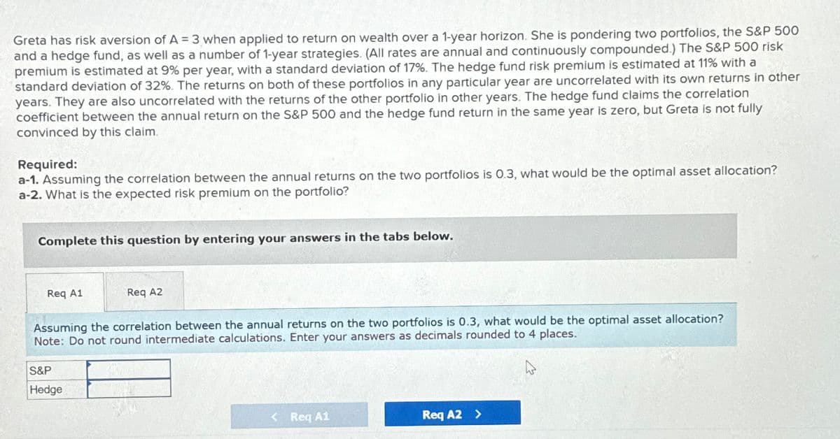 Greta has risk aversion of A = 3 when applied to return on wealth over a 1-year horizon. She is pondering two portfolios, the S&P 500
and a hedge fund, as well as a number of 1-year strategies. (All rates are annual and continuously compounded.) The S&P 500 risk
premium is estimated at 9% per year, with a standard deviation of 17%. The hedge fund risk premium is estimated at 11% with a
standard deviation of 32%. The returns on both of these portfolios in any particular year are uncorrelated with its own returns in other
years. They are also uncorrelated with the returns of the other portfolio in other years. The hedge fund claims the correlation
coefficient between the annual return on the S&P 500 and the hedge fund return in the same year is zero, but Greta is not fully
convinced by this claim.
Required:
a-1. Assuming the correlation between the annual returns on the two portfolios is 0.3, what would be the optimal asset allocation?
a-2. What is the expected risk premium on the portfolio?
Complete this question by entering your answers in the tabs below.
Req A1
Req A2
Assuming the correlation between the annual returns on the two portfolios is 0.3, what would be the optimal asset allocation?
Note: Do not round intermediate calculations. Enter your answers as decimals rounded to 4 places.
S&P
Hedge
< Req A1
Req A2 >