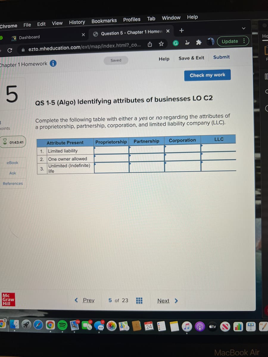 Window
Help
View
History Bookmarks Profiles Tab
Chrome
File
Edit
+
Question 5 - Chapter 1 Homew X
Dashboard
На
Update
A ezto.mheducation.com/ext/map/index.html?_co...
Saved
Help
Save & Exit
Submit
Chapter 1 Homework A
Check my work
QS 1-5 (Algo) Identifying attributes of businesses LO C2
Complete the following table with either a yes or no regarding the attributes of
a proprietorship, partnership, corporation, and limited liability company (LLC).
points
01:43:41
Attribute Present
Proprietorship Partnership
Corporation
LLC
1.
Limited liability
2. One owner allowed
eBook
Unlimited (Indefinite)
3.
life
Ask
References
Mc
Graw
Hill
< Prev
5 of 23
Next >
étv
MacBook Air
