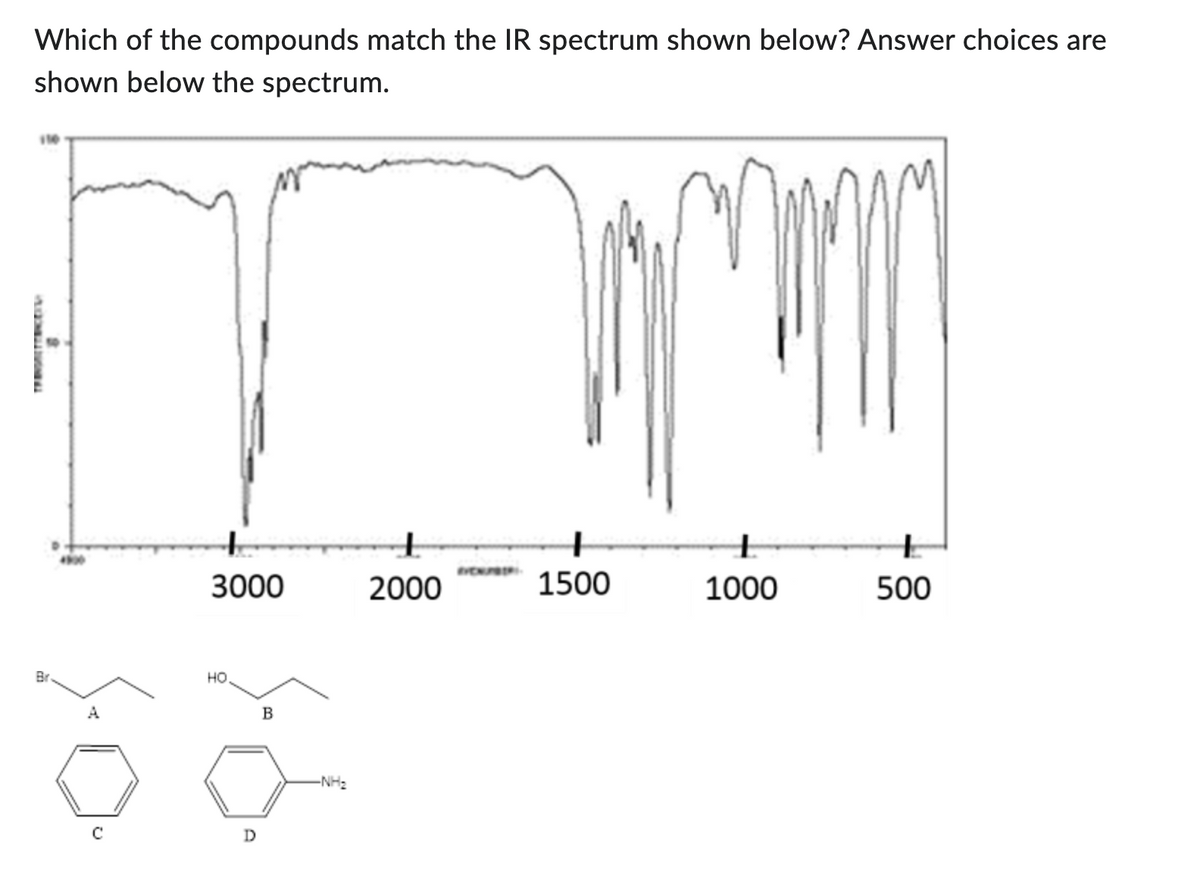 Which of the compounds match the IR spectrum shown below? Answer choices are
shown below the spectrum.
A
с
3000
НО.
D
B
-NH₂
2000
1500
1000
500