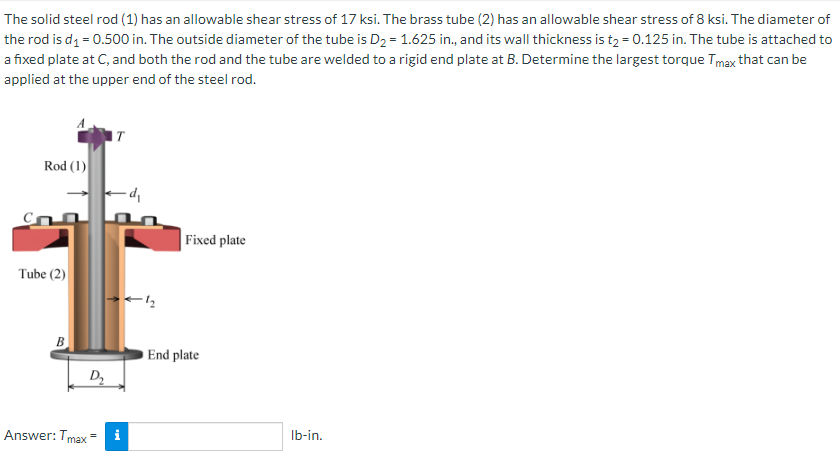 The solid steel rod (1) has an allowable shear stress of 17 ksi. The brass tube (2) has an allowable shear stress of 8 ksi. The diameter of
the rod is d1 = 0.500 in. The outside diameter of the tube is D2 = 1.625 in., and its wall thickness is t2 = 0.125 in. The tube is attached to
a fixed plate at C, and both the rod and the tube are welded to a rigid end plate at B. Determine the largest torque Tmax that can be
applied at the upper end of the steel rod.
IT
Rod (1)
Fixed plate
Tube (2)
B
End plate
D2
Answer: Tmax = i
Ib-in.
