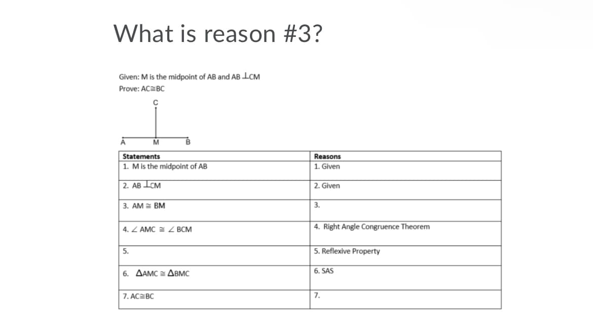 What is reason #3?
Given: M is the midpoint of AB and AB IcM
Prove: ACEBC
Statements
Reasons
1. Mis the midpoint of AB
1. Given
|2. AB ICM
2. Given
3. AM = BM
3.
4. Z AMC E Z BCM
4. Right Angle Congruence Theorem
5.
5. Reflexive Property
6. AAMC = ABMC
6. SAS
7. AC=BC
7.
