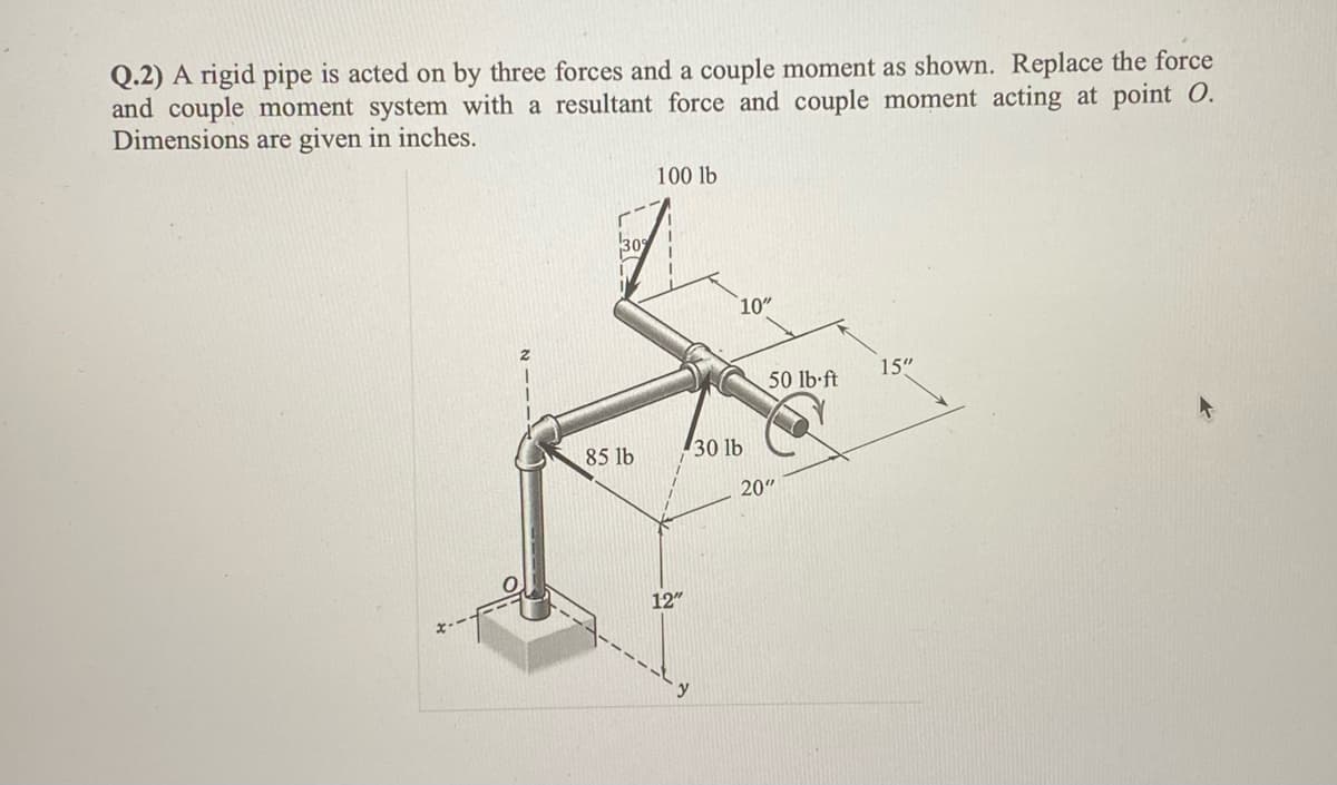 Q.2) A rigid pipe is acted on by three forces and a couple moment as shown. Replace the force
and couple moment system with a resultant force and couple moment acting at point O.
Dimensions are given in inches.
30%
85 lb
100 lb
12"
10"
30 lb
50 lb-ft
20"
15"