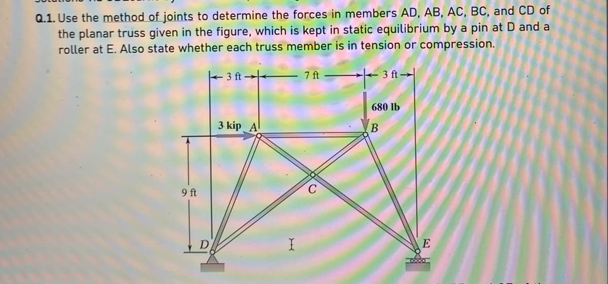 Q.1. Use the method of joints to determine the forces in members AD, AB, AC, BC, and CD of
the planar truss given in the figure, which is kept in static equilibrium by a pin at D and a
roller at E. Also state whether each truss member is in tension or compression.
9 ft
D
3 ft → 7 ft
3 kip A
I
C
3 ft →
680 lb
B
E
do