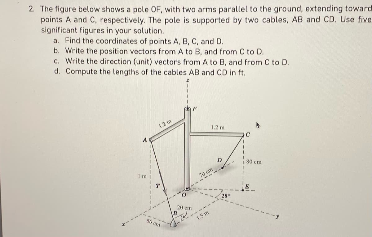 2. The figure below shows a pole OF, with two arms parallel to the ground, extending toward
points A and C, respectively. The pole is supported by two cables, AB and CD. Use five
significant figures in your solution.
a. Find the coordinates of points A, B, C, and D.
b. Write the position vectors from A to B, and from C to D.
c. Write the direction (unit) vectors from A to B, and from C to D.
d. Compute the lengths of the cables AB and CD in ft.
F
1.2 m
A
Th
D
1 m
T
1.2 m
60 cm
20 cm
B
SE"
70 cm
1.5 m
28°
C
i 80 cm
E
y