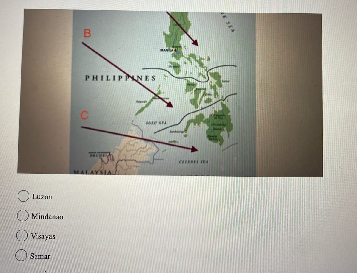 Luzon
Mindanao
Visayas
Samar
B
PHILIPPINES
C
BRUNEI
MALAYSIA
MANILAY
SULU SEA
CONNE
CELERES SEA
KE SEA