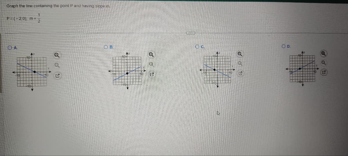 Graph the line containing the point P and having slope m
1
P=(-2,0), m=2
OA
A
Q
2
OB
Q
oơn
OD.
Ay
odu