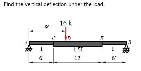 Find the vertical deflection under the load.
16 k
9'
C
D
E
A
I
1.5I
6'
12'
6'
