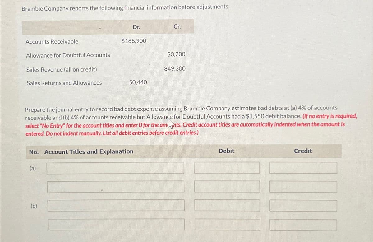 Bramble Company reports the following financial information before adjustments.
Dr.
Cr.
Accounts Receivable
$168,900
Allowance for Doubtful Accounts
$3,200
Sales Revenue (all on credit)
849,300
Sales Returns and Allowances
50,440
Prepare the journal entry to record bad debt expense assuming Bramble Company estimates bad debts at (a) 4% of accounts
receivable and (b) 4% of accounts receivable but Allowance for Doubtful Accounts had a $1,550 debit balance. (If no entry is required,
select "No Entry" for the account titles and enter O for the amts. Credit account titles are automatically indented when the amount is
entered. Do not indent manually. List all debit entries before credit entries.)
No. Account Titles and Explanation
(a)
Debit
Credit
(b)