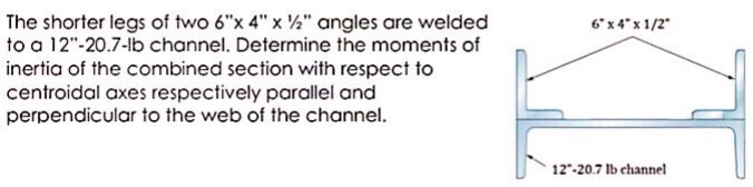 The shorter legs of two 6"x 4" x ½" angles are welded
to a 12"-20.7-lb channel. Determine the moments of
6°x 4" x 1/2"
inertia of the combined section with respect to
centroidal axes respectively parallel and
perpendicular to the web of the channel.
12-20.7 Ib channel
