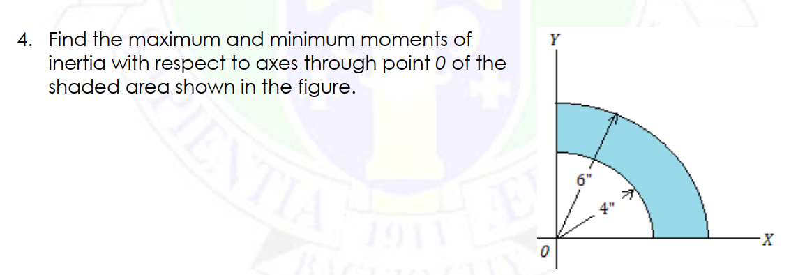 Y
inertia with respect to axes through point 0 of the
shaded area shown in the figure.
4. Find the maximum and minimum moments of
ENTIA
4"
