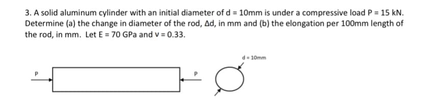 3. A solid aluminum cylinder with an initial diameter of d = 10mm is under a compressive load P = 15 kN.
Determine (a) the change in diameter of the rod, Ad, in mm and (b) the elongation per 100mm length of
the rod, in mm. Let E = 70 GPa and v = 0.33.
d= 10mm
