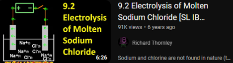 H
Na+
cra
Nata CI
Na Cr
Na+n
CIM
9.2
Electrolysis
of Molten
Sodium
Chloride
6:26
9.2 Electrolysis of Molten
Sodium Chloride [SL IB...
91K views • 6 years ago
IB
Richard Thornley
Sodium and chlorine are not found in nature (t....