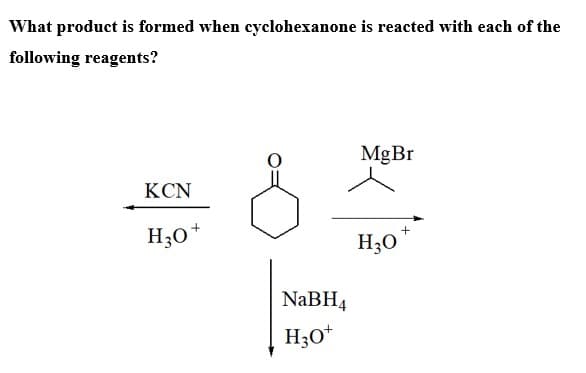 What product is formed when cyclohexanone is reacted with each of the
following reagents?
MgBr
KCN
H30*
H30
NaBH4
H30*
